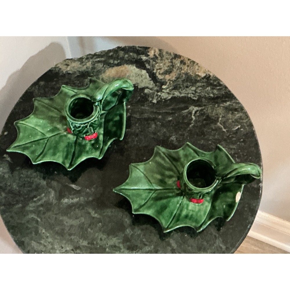 Vintage Sharon Signed Ceramic Holly Leaf Christmas Taper Candle Holders Pair